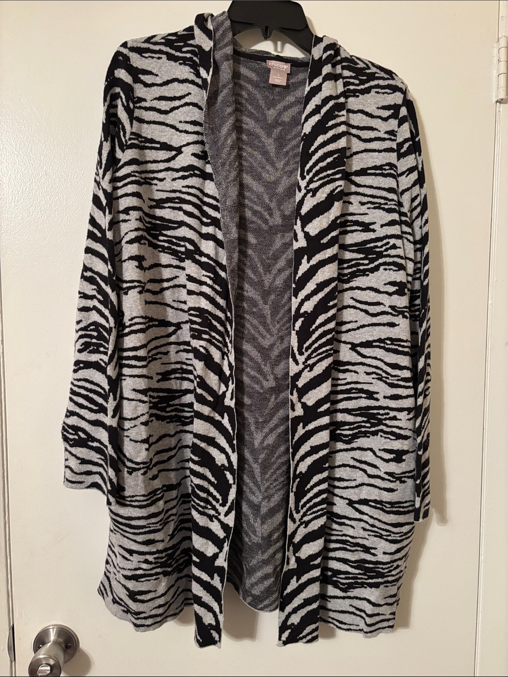 Chico's Black & White Zebra-Print Open Cardigan with Hood